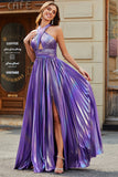 Stunning A Line Halter Neck Purple Long Ball Dress with Keyhole Split Front