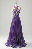 Sparkly Purple Halter A Line Ball Dress with Pleated