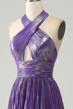 Sparkly Purple Halter A Line Ball Dress with Pleated
