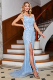 Mermaid Light Blue Spaghetti Straps Stylish Long Ball Dress with Appliques