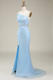 Stylish Light Blue Mermaid Long Ball Dress with Appliques