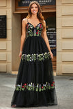 Gorgeous A Line Spaghetti Straps Black Long Ball Dress with Embroidery