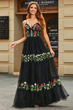 Gorgeous A Line Spaghetti Straps Black Long Ball Dress with Embroidery