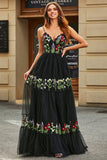 Gorgeous A Line Spaghetti Straps Black Long Ball Dress with Embroidery