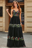 Gorgeous A Line Spaghetti Straps Black Long Ball Dress with Embroidery