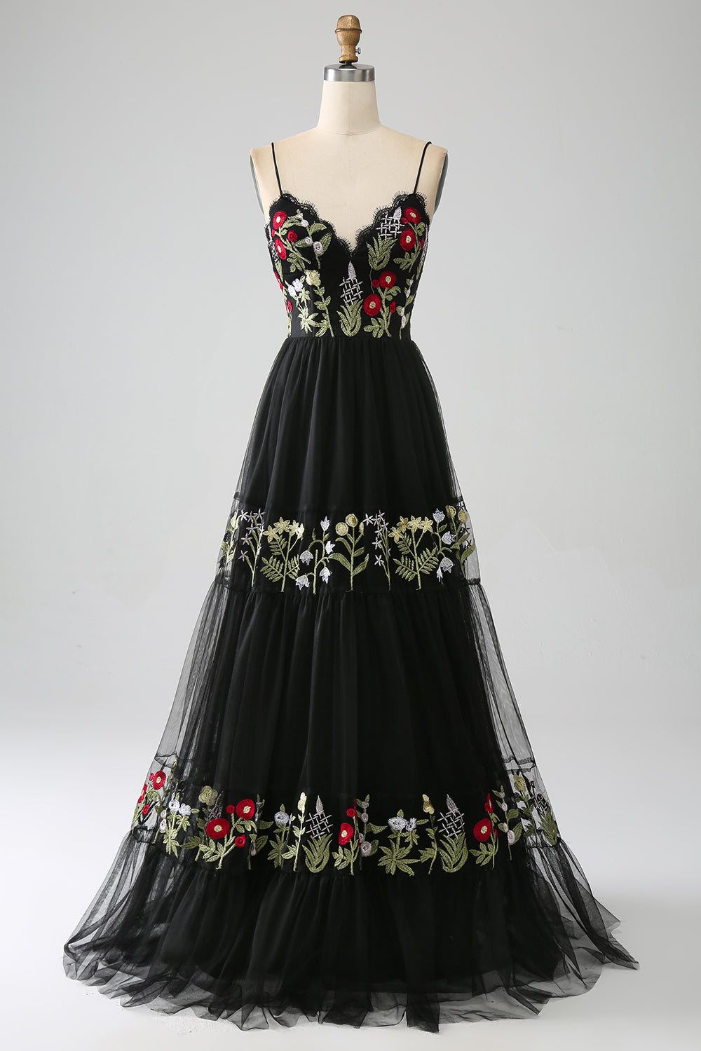 Black A-Line Spaghetti Straps Embroidered Long Corset Ball Dress