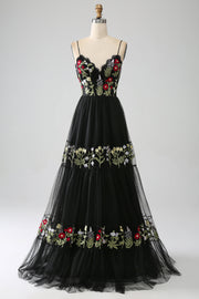 Black A-Line Spaghetti Straps Embroidered Long Corset Ball Dress