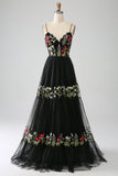 Black A-Line Spaghetti Straps Embroidered Long Corset Ball Dress