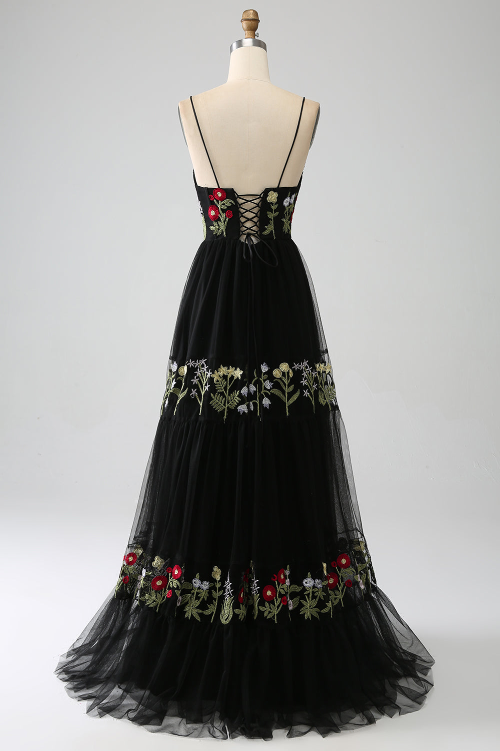 Black A-Line Spaghetti Straps Embroidered Long Corset Ball Dress
