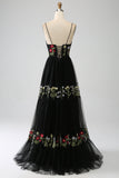 Black A-Line Spaghetti Straps Embroidered Long Corset Ball Dress