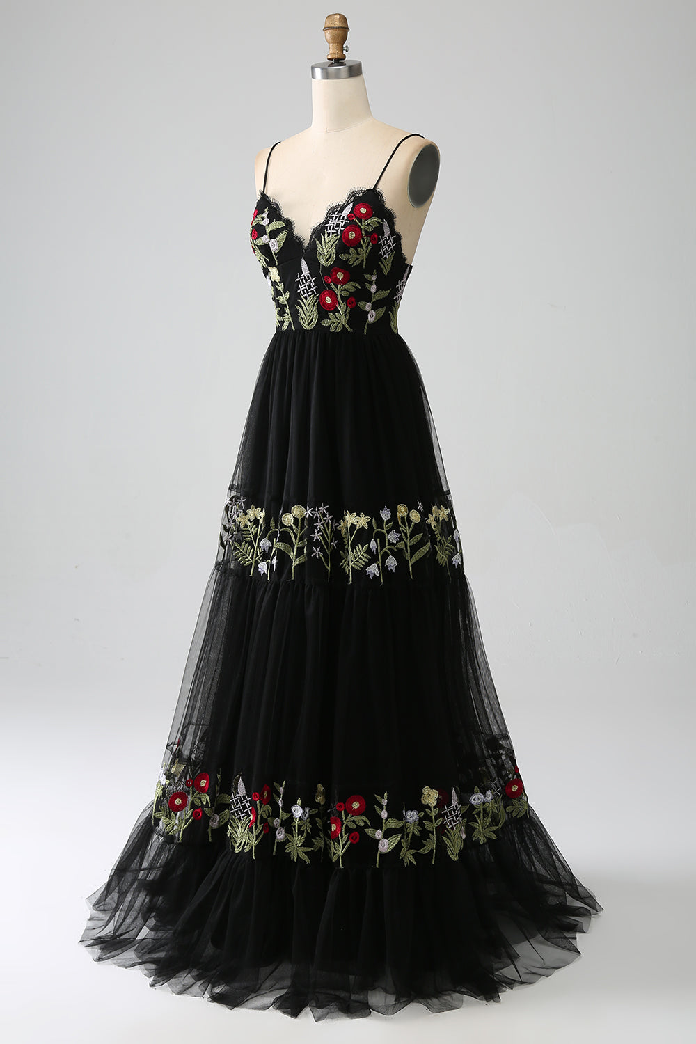 Black A-Line Spaghetti Straps Embroidered Long Corset Ball Dress