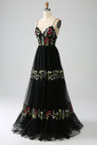 Black A-Line Spaghetti Straps Embroidered Long Corset Ball Dress