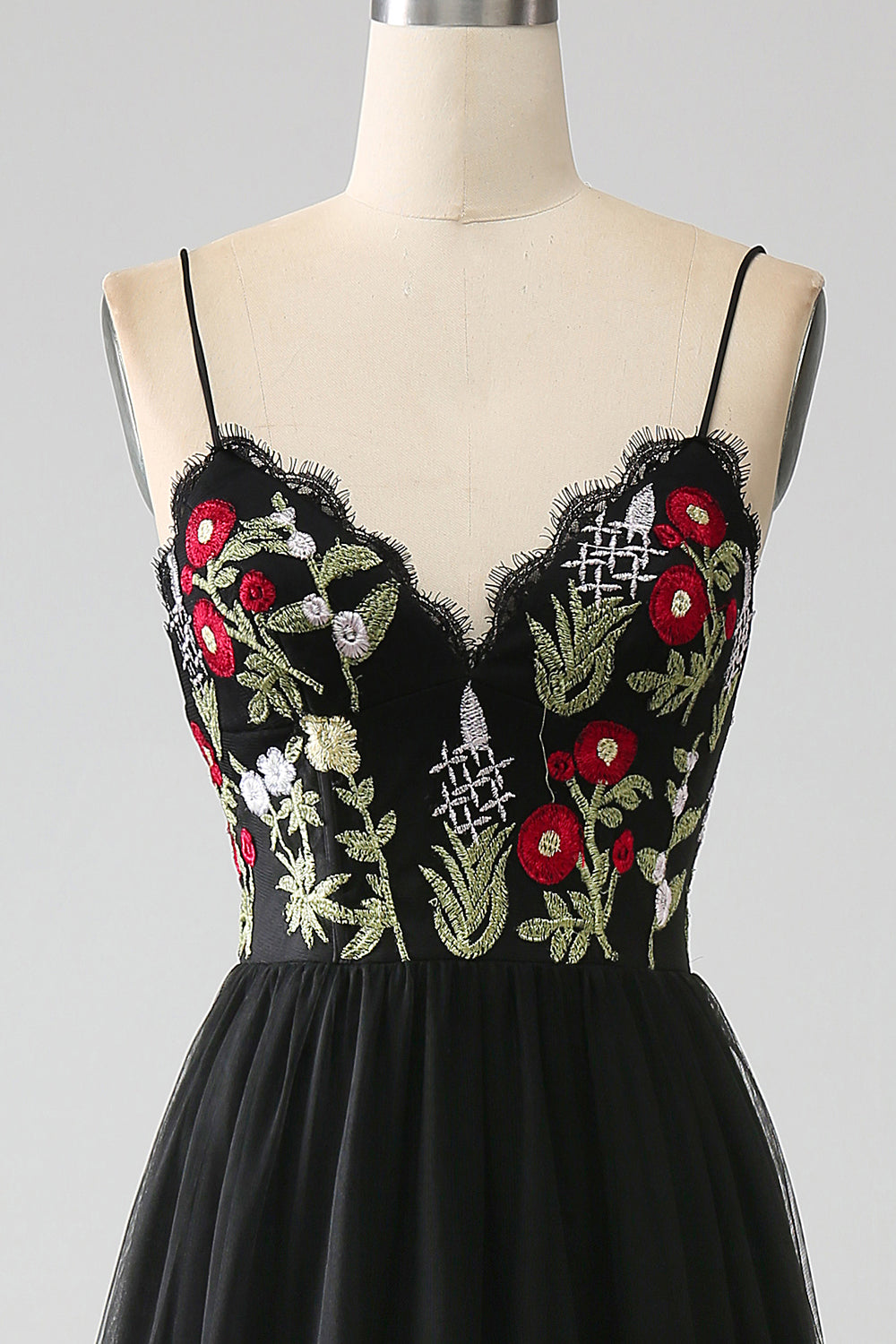Black A-Line Spaghetti Straps Embroidered Long Corset Ball Dress