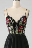Black A-Line Spaghetti Straps Embroidered Long Corset Ball Dress