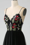 Black A-Line Spaghetti Straps Embroidered Long Corset Ball Dress