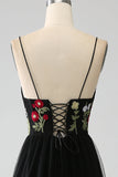 Black A-Line Spaghetti Straps Embroidered Long Corset Ball Dress