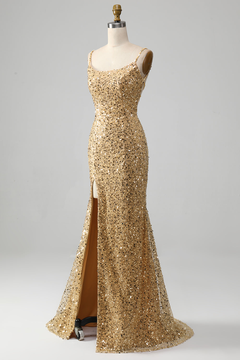 Golden Mermaid Spaghetti Straps Sequined Ball Dress With Slit
