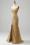 Golden Mermaid Spaghetti Straps Sequined Ball Dress With Slit