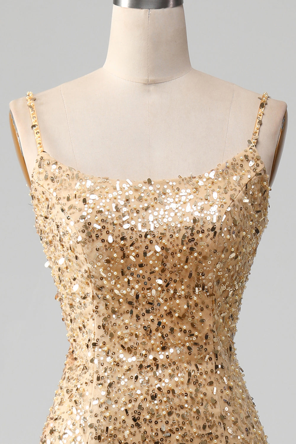 Golden Mermaid Spaghetti Straps Sequined Ball Dress With Slit