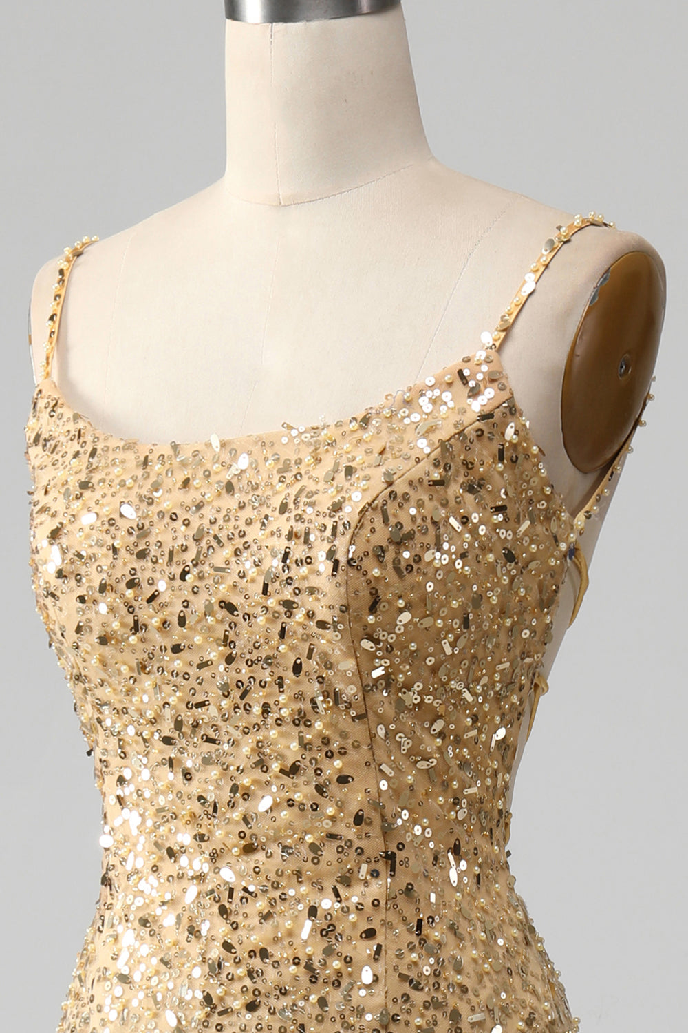 Golden Mermaid Spaghetti Straps Sequined Ball Dress With Slit