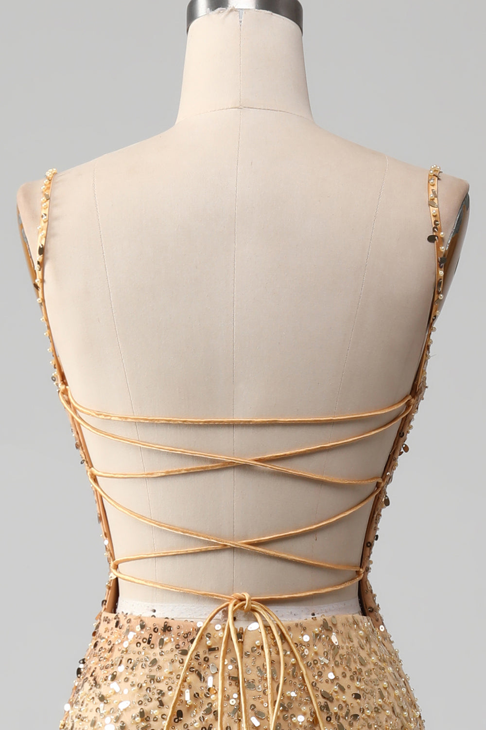 Golden Mermaid Spaghetti Straps Sequined Ball Dress With Slit