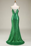Sparkly Mermaid Green Sequins Long Ball Dress with Split Front