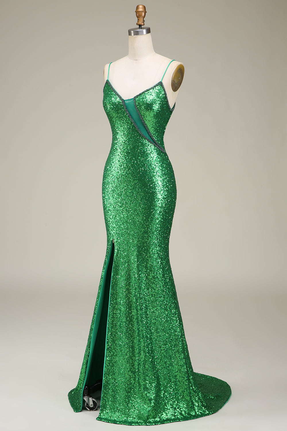 Sparkly Mermaid Green Sequins Long Ball Dress with Split Front