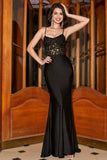 Mermaid Spaghetti Straps Black Corset Ball Dress With Appliques