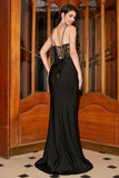 Mermaid Spaghetti Straps Black Corset Ball Dress With Appliques