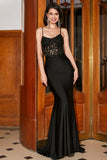 Mermaid Spaghetti Straps Black Corset Ball Dress With Appliques
