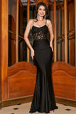 Mermaid Spaghetti Straps Black Corset Ball Dress With Appliques