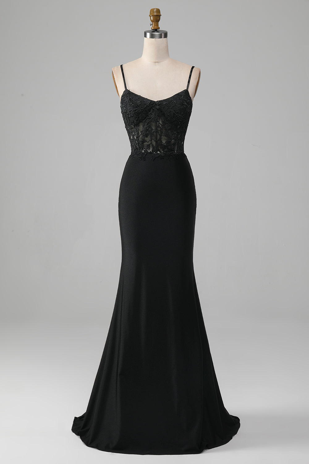 Black Mermaid Spaghetti Straps Corset Ball Dress With Appliques