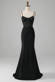 Black Mermaid Spaghetti Straps Corset Ball Dress With Appliques