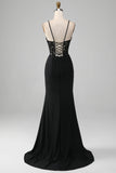 Black Mermaid Spaghetti Straps Corset Ball Dress With Appliques