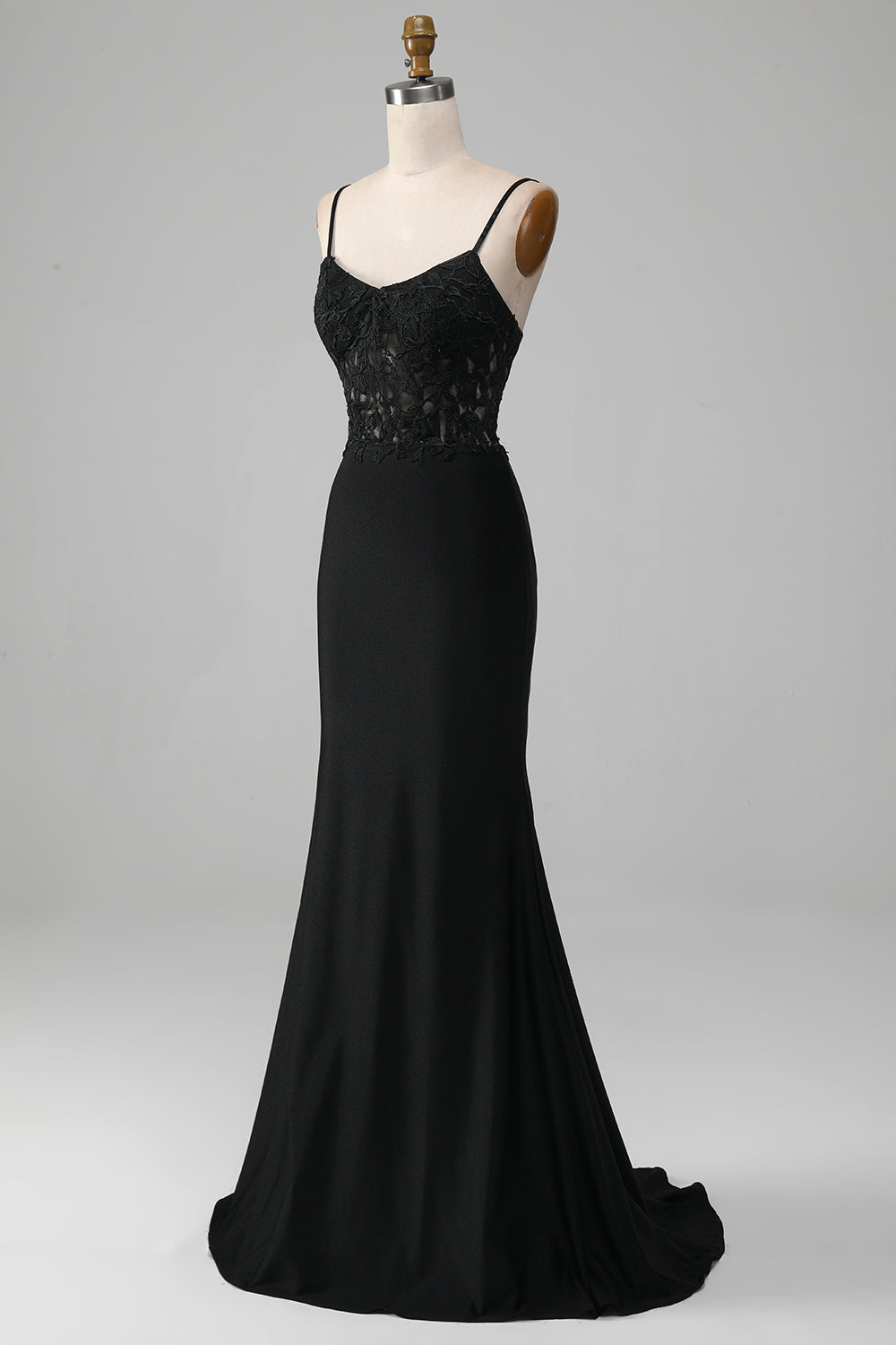 Black Mermaid Spaghetti Straps Corset Ball Dress With Appliques