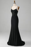Black Mermaid Spaghetti Straps Corset Ball Dress With Appliques