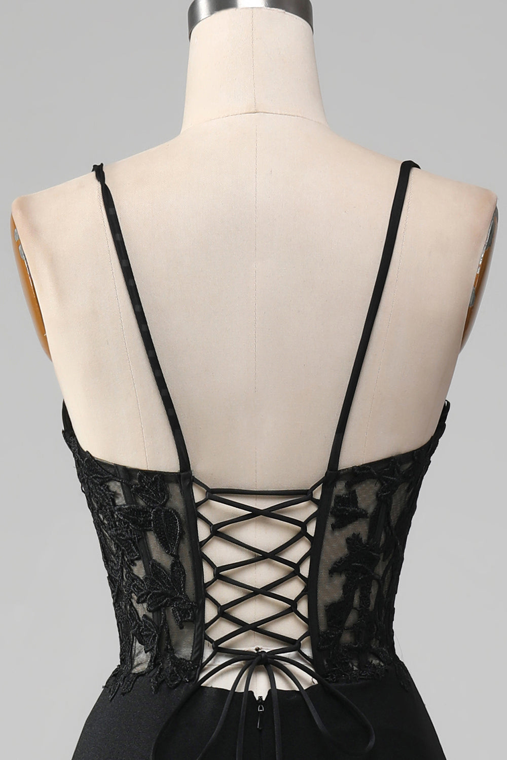 Black Mermaid Spaghetti Straps Corset Ball Dress With Appliques