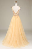 Charming A Line Spaghetti Straps Golden Long Ball Dress with Beading