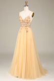 Charming A Line Spaghetti Straps Golden Long Ball Dress with Beading
