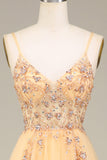 Charming A Line Spaghetti Straps Golden Long Ball Dress with Beading