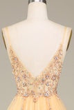 Charming A Line Spaghetti Straps Golden Long Ball Dress with Beading