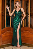 Dark Green Mermaid Spaghetti Straps Open Back Ball Dress with Slit