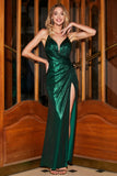 Dark Green Mermaid Spaghetti Straps Open Back Ball Dress with Slit