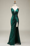 Hot Mermaid Spaghetti Straps Dark Green Long Ball Dress With Open Back