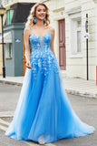 Gorgeous A Line Spaghetti Straps Blue Long Ball Dress with Appliques