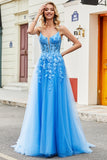 Gorgeous A Line Spaghetti Straps Blue Long Ball Dress with Appliques