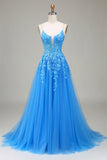 A-Line Spaghetti Straps Blue Tulle Ball Dress With Appliques