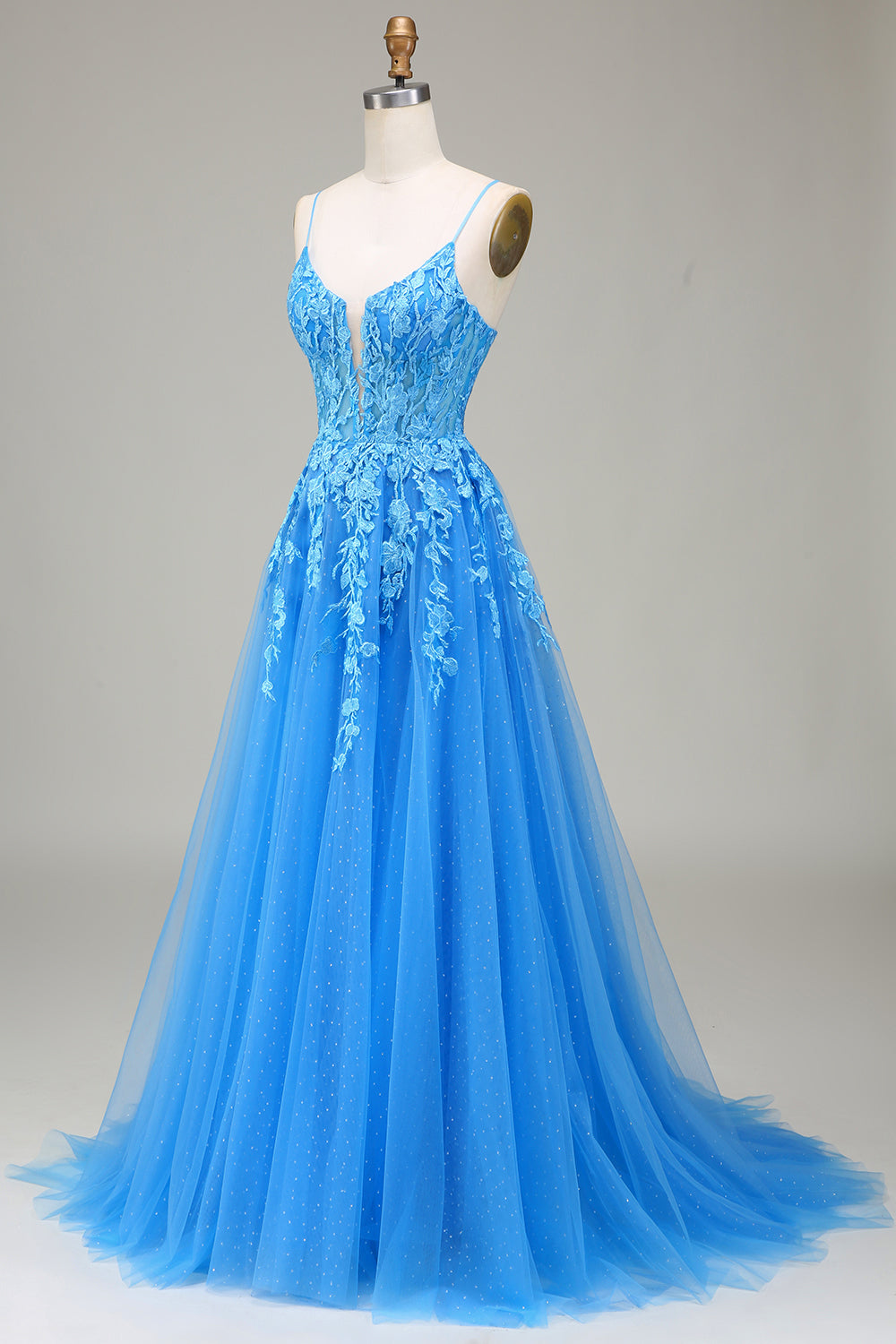 A-Line Spaghetti Straps Blue Tulle Ball Dress With Appliques