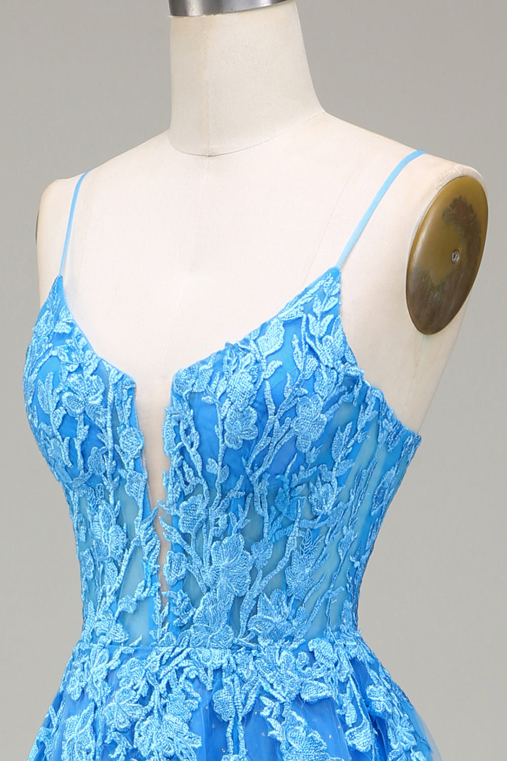 A-Line Spaghetti Straps Blue Tulle Ball Dress With Appliques