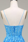 A-Line Spaghetti Straps Blue Tulle Ball Dress With Appliques
